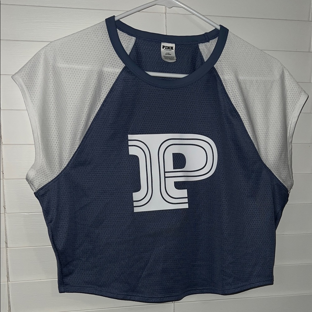 PINK Victoria's Secret Blue and White Women's Jersey Top